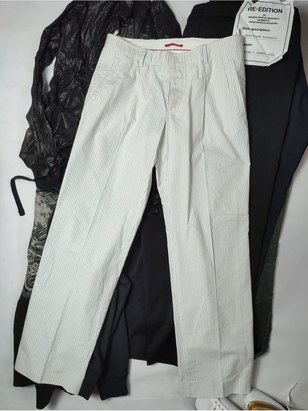 Prada leather tab era white pinstriped trousers